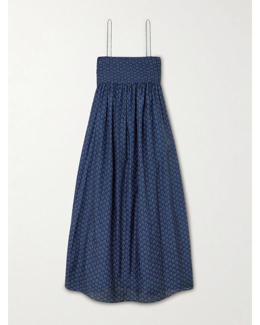 Matteau Blue Pintucked Printed Organic Cotton And Silk-Blend Maxi Dress