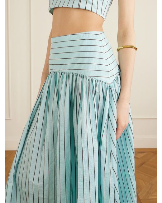 Staud Blue Procida Pleated Striped Cotton-Blend Poplin Midi Skirt