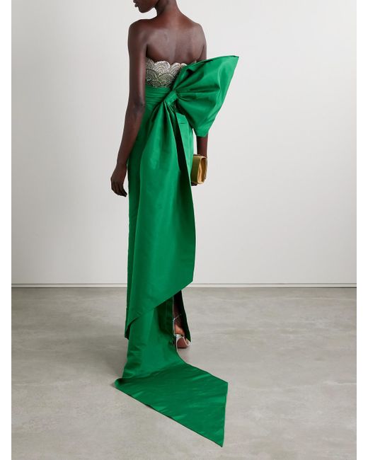 Oscar de la Renta Green Strapless Silk-Faille And Embellished Tulle Gown