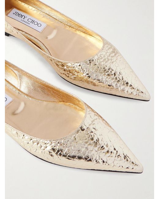 Jimmy Choo Natural Love Metallic Cracked-Leather Ballet Flats