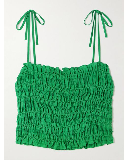 Tory Burch Green Smocked Lyocell-Blend Top