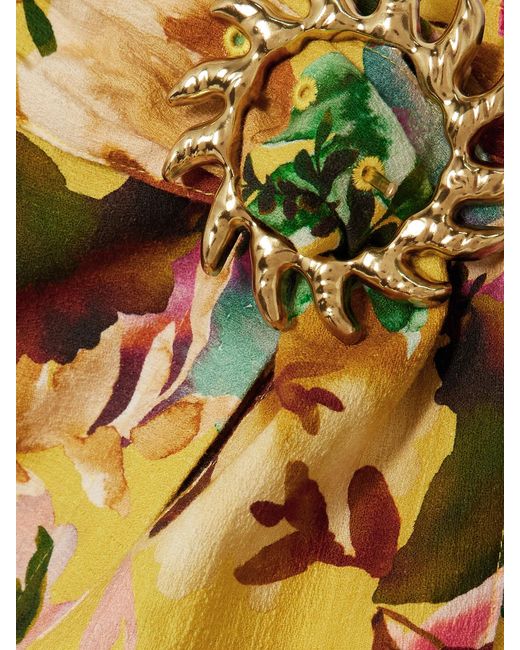 Saloni Yellow Neesha Belted Floral-Print Cotton Midi Skirt