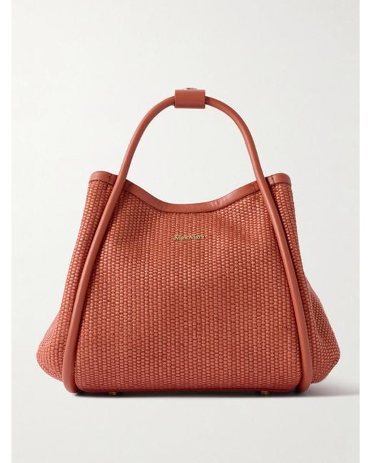 Max Mara Red Marine Extra Small Leather-Trimmed Raffia-Like Tote