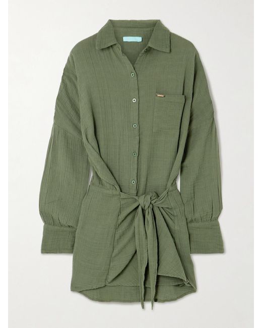 Melissa Odabash Green Sara Tie-Front Crinkled Cotton-Gauze Mini Shirt Dress