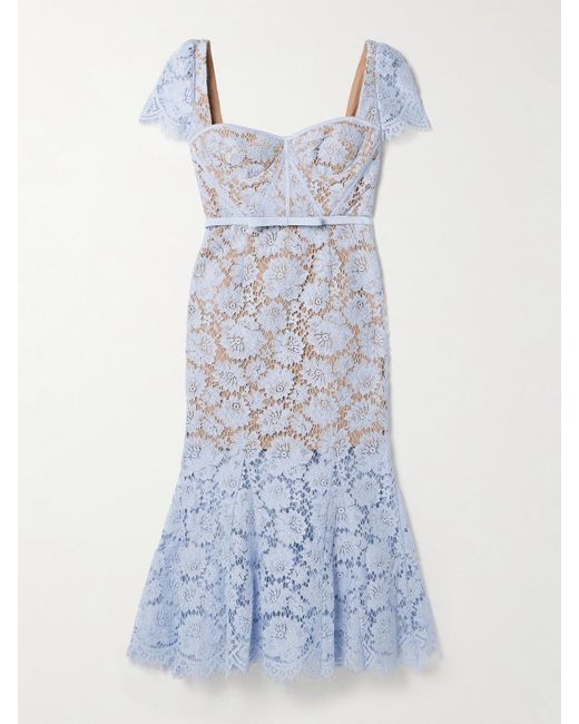 Self-Portrait Blue Belted Corded Lace Midi Dress