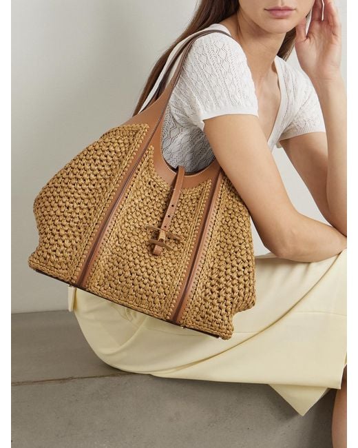 Tod's Brown T Timeless Leather-Trimmed Raffia Shoulder Bag
