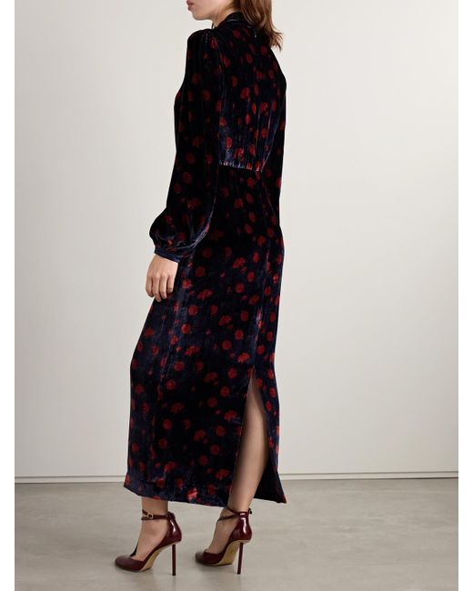Saloni Blue Domino Cutout Floral-Print Velvet Turtleneck Midi Dress