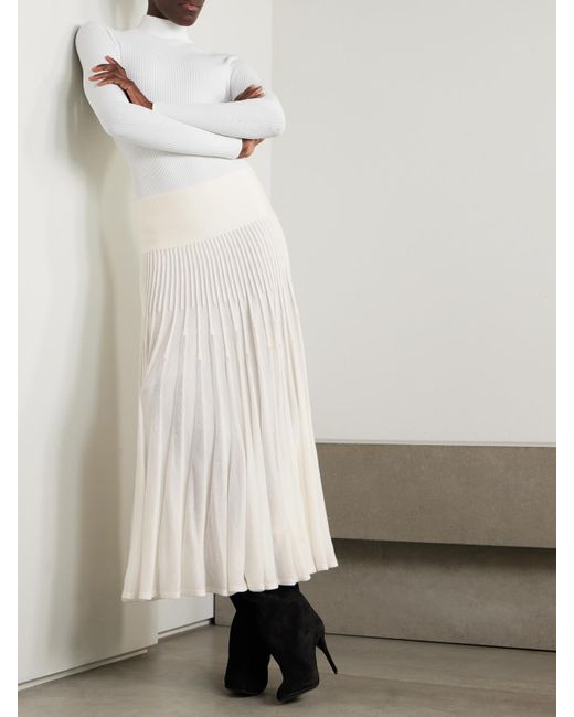 Alaïa White Pleated Wool Midi Skirt