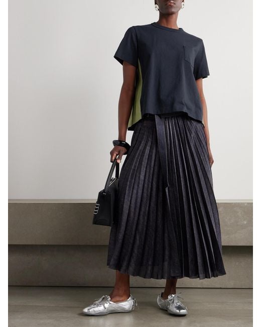 Sacai Blue Pleated Twill-Trimmed Cotton-Jersey T-Shirt