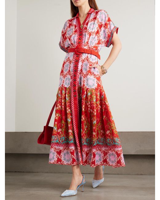 Saloni Red Riya Belted Pleated Floral-Print Linen-Voile Dress