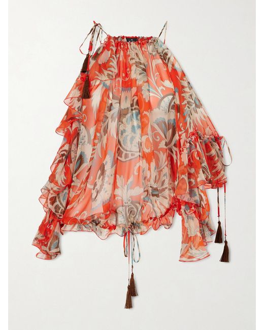 Etro Red Off-The-Shoulder Asymmetric Tasseled Ruffled Printed Silk-Chiffon Blouse