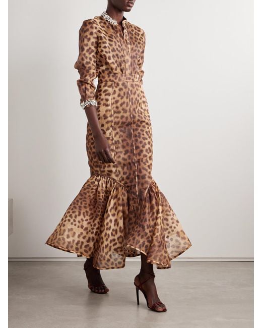 Zimmermann Brown Crush Ruffled Paneled Leopard-Print Linen And Silk-Blend Organza Maxi Skirt