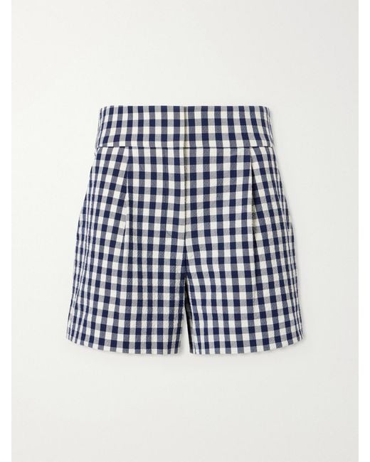 Veronica Beard Blue Haina Pleated Checked Stretch-Cotton Cloqué Shorts