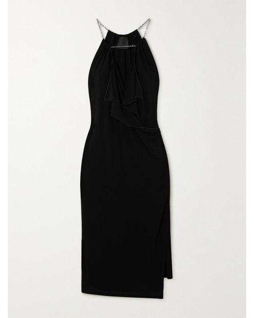 Givenchy Black Chain-Embellished Ruffled Crepe De Chine Midi Dress