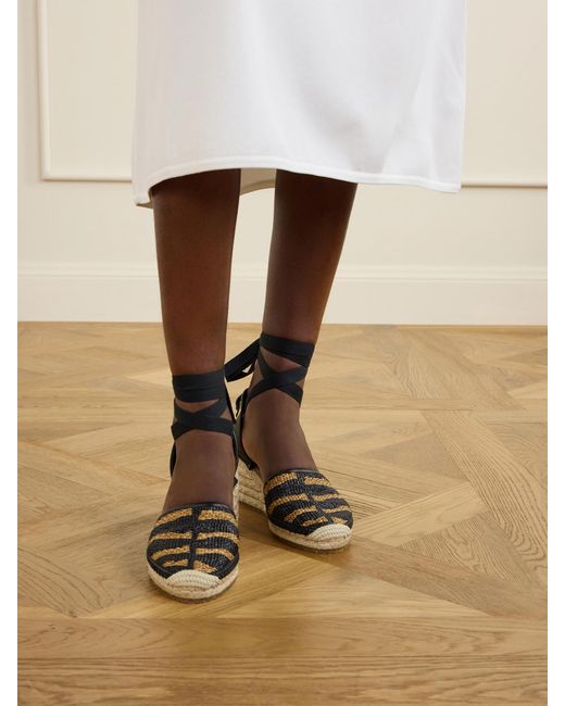 Ferragamo Black Zanta Zebra 70 Leather-Trimmed Woven Raffia Espadrillas Wedge