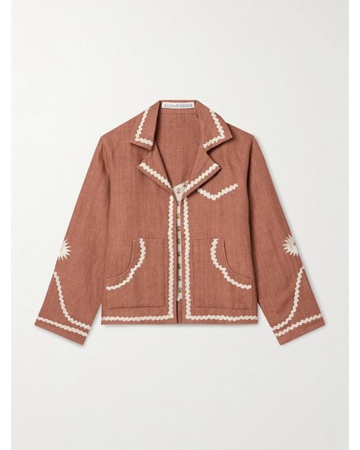 Alix Of Bohemia Brown Western Ricrac-Trimmed Linen Jacket