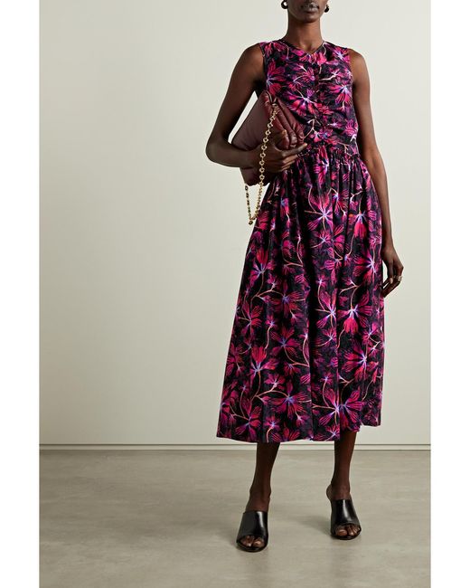 Ulla Johnson Purple Mimi Midikleid Aus Baumwollpopeline Mit Blumenprint Und Raffungen