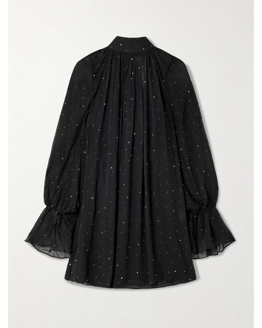 Staud Black Roux Crystal-Embellished Gathered Crepon Mini Dress