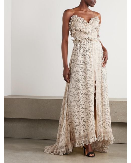 Valentino Garavani Natural Lace-Trimmed Ruffled Polka-Dot Silk-Georgette Gown