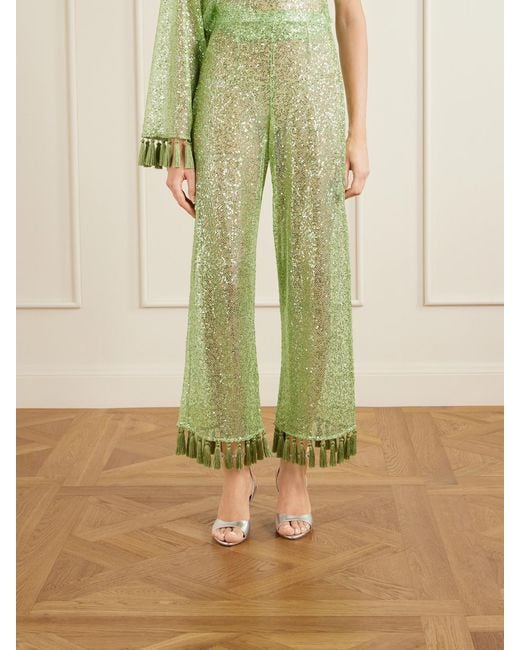 ‎Taller Marmo Green Sequined Fringed Flared Pants