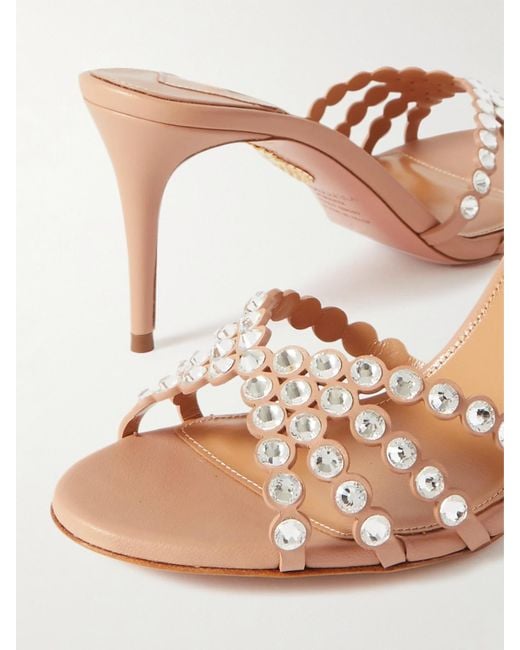 Aquazzura Natural Tequila 75 Crystal-Embellished Leather Mules