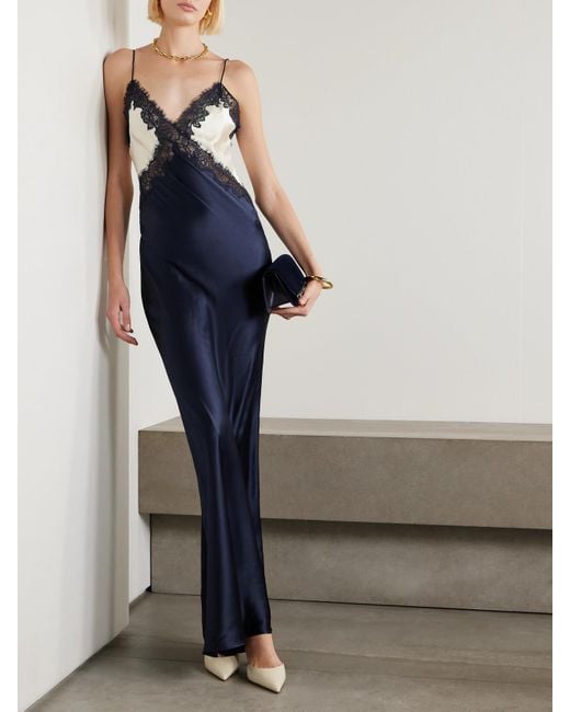 Rebecca Vallance Blue Aumoe Lace-Trimmed Silk-Satin Gown
