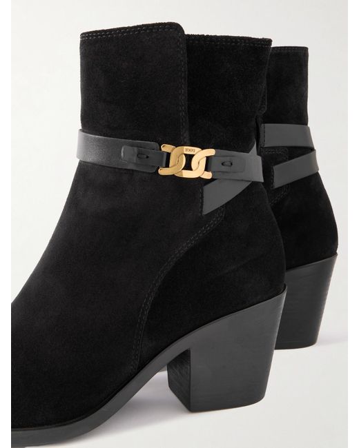 Tod's Black Embellished Leather-Trimmed Suede Ankle Boots
