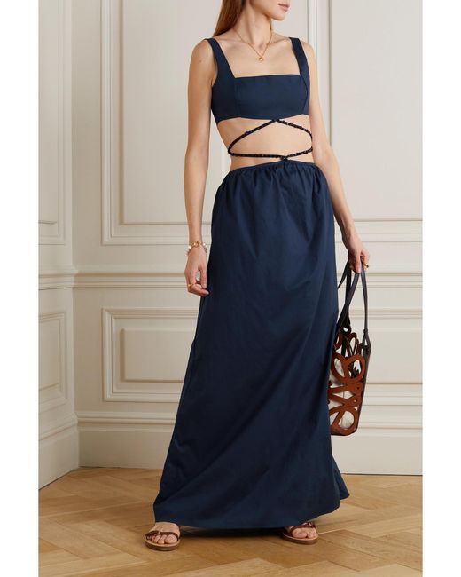 Agua Bendita Blue Peonia Bead-Embellished Cutout Cotton-Poplin Maxi Dress