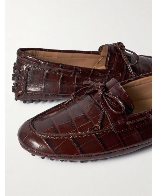 Le Monde Beryl Brown Driver Tie-Detailed Croc-Effect Leather Loafers