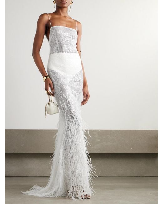 retroféte White Odessa Feather-Trimmed Sequined Lace Gown