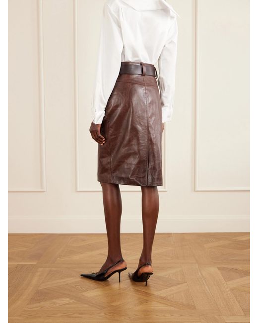 Saint Laurent Brown Belted Leather Pencil Skirt