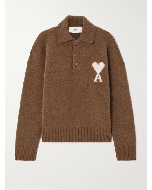 AMI Brown Intarsia Alpaca-Blend Polo Sweater