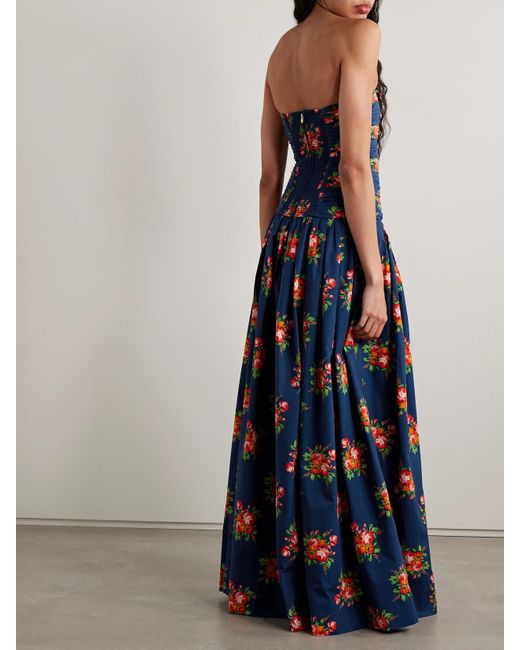 Cara Cara Blue Montreal Strapless Pleated Floral-Print Cotton-Poplin Maxi Dress