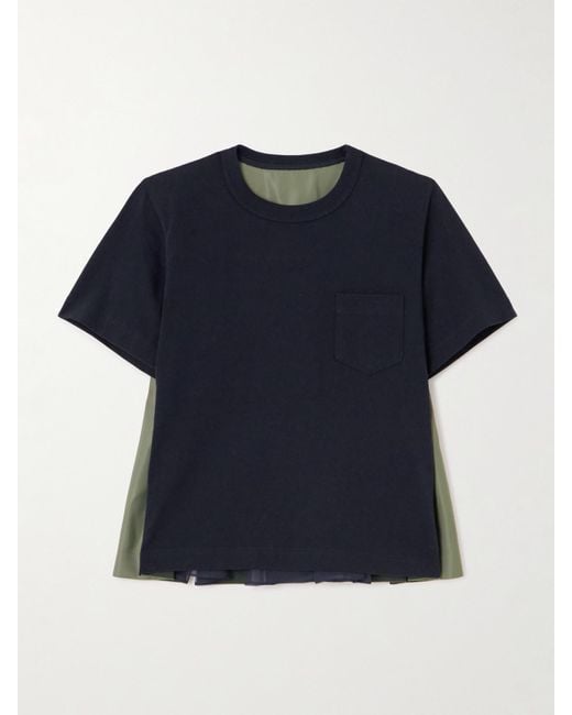 Sacai Blue Pleated Twill-Trimmed Cotton-Jersey T-Shirt