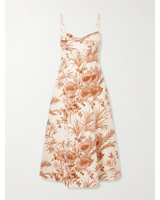 Cara Cara White Cherry Floral-Print Linen Midi Dress