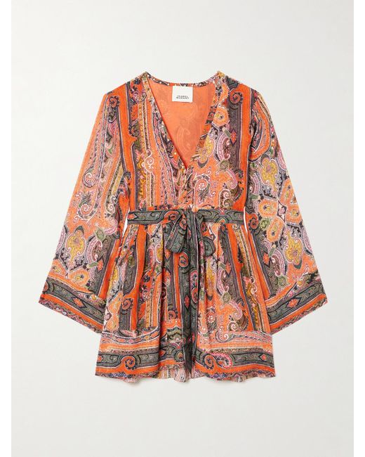 Isabel Marant Orange Morgane Minikleid Aus Seidenchiffon Mit Paisley-Print, Ösen Und Bindegürtel