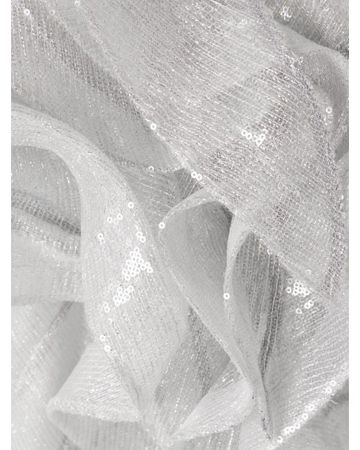 Maticevski White Liora Wave Asymmetric Ruffled Sequined Mesh Top