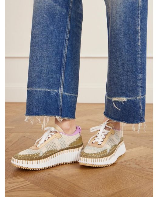 Chloé Natural Nama Embroidered Suede And Recycled-Mesh Sneakers