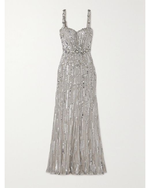 Jenny Packham Gray Bright Gem Embellished Sequined Tulle Gown