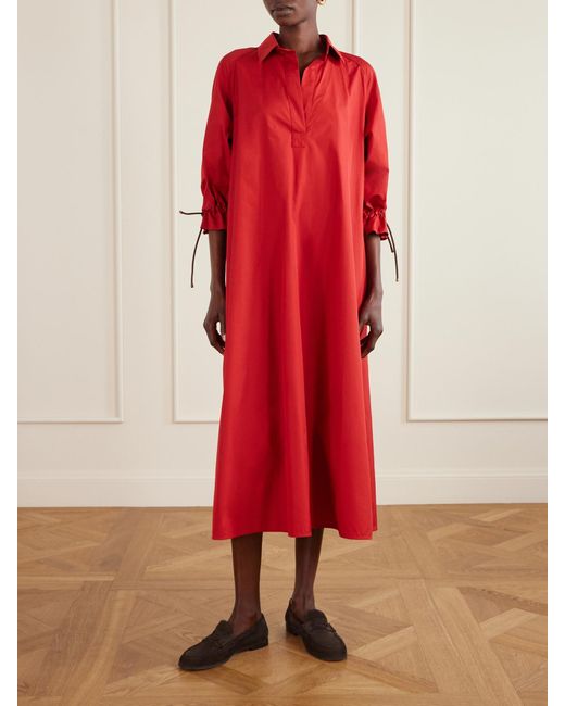 Max Mara Red Tie-Detailed Cotton-Poplin Midi Dress