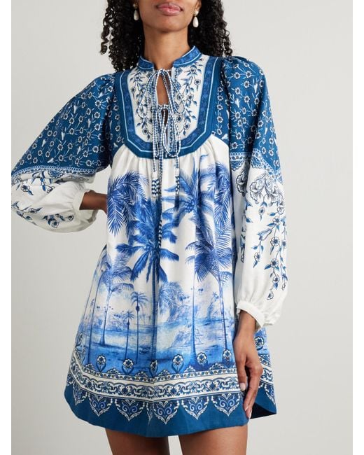 Farm Rio Blue Palm Tree Beach Minikleid Aus Einer Bedruckten Leinenmischung