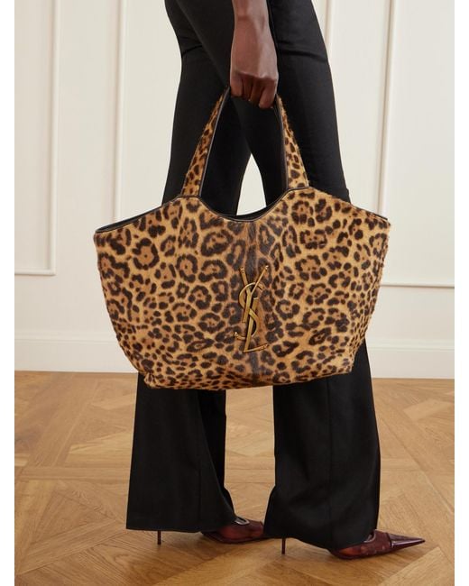 Saint Laurent Brown Icare Cassandre Animal-Print Calf Hair Tote