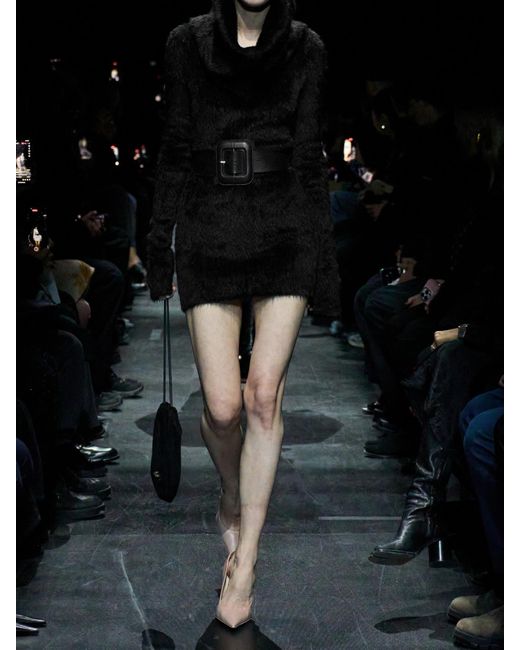 Balenciaga Black Belted Brushed-Knit Turtleneck Mini Dress