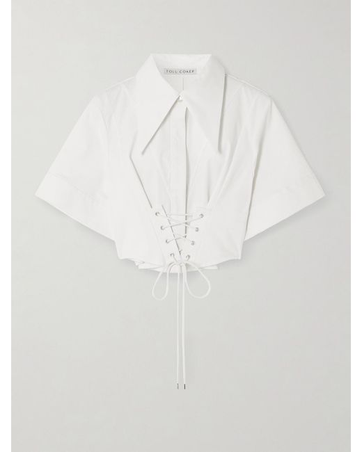 Tolu Coker White Cropped Lace-Up Cotton-Blend Poplin Shirt