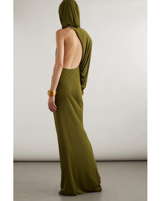 Hooded backless draped knitted maxi dress