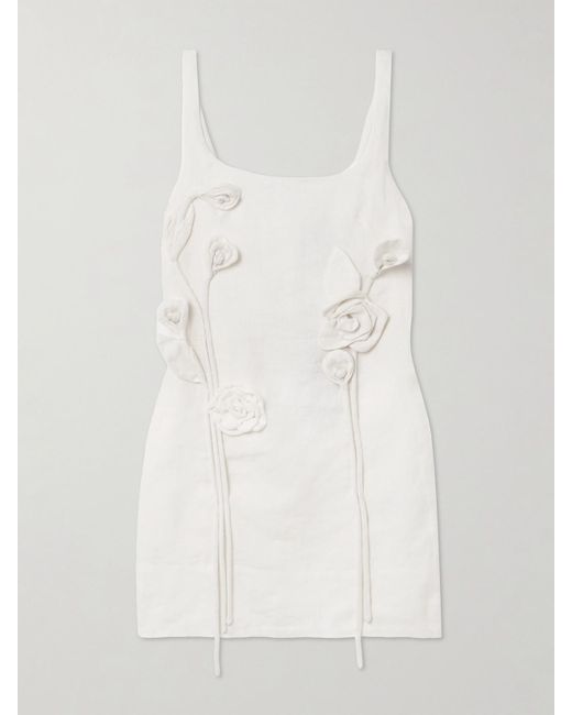 Farm Rio White Floral-Appliquéd Linen Mini Dress