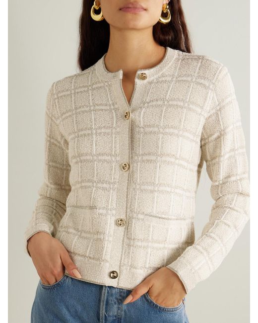 Gucci Natural Checked Metallic Jacquard-Knit Wool-Blend Cardigan
