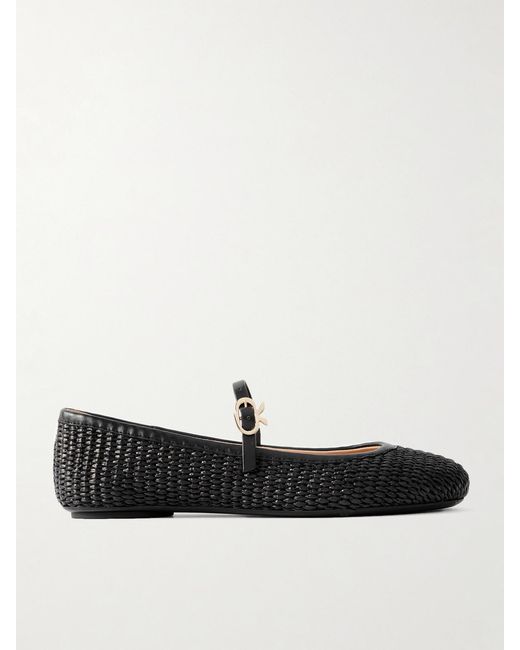 Gianvito Rossi Carla Marbella Leather-Trimmed Raffia Mary Jane Flats in ...