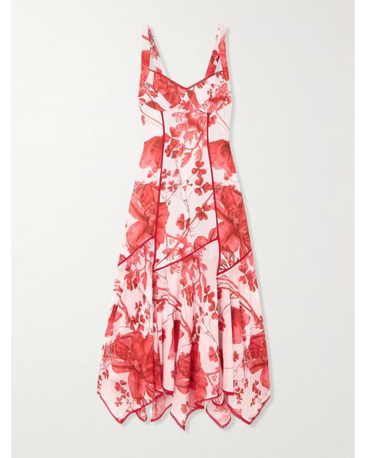 Charo Ruiz Red Yurik Guipure Lace-Trimmed Floral-Print Cotton-Blend Voile Midi Dress
