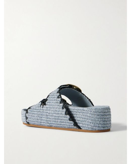 Loeffler Randall Blue Theo Embroidered Raffia Platform Slides